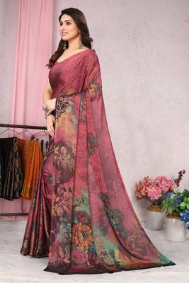 Crimson Printed Chiffon Saree With Blouse 3