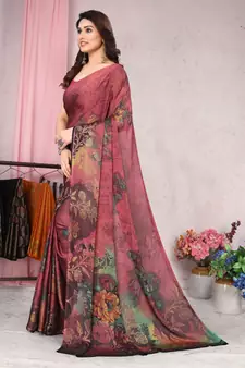 Crimson Printed Chiffon Saree With Blouse