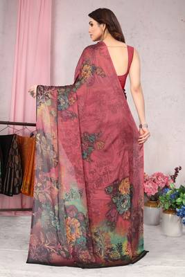 Crimson Printed Chiffon Saree With Blouse 4