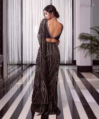Black Tussar Silk Pre-Stitched Wedding Saree  3