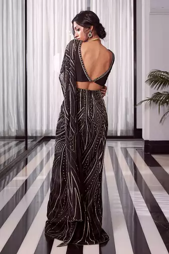 Black Tussar Silk Pre-Stitched Wedding Saree 