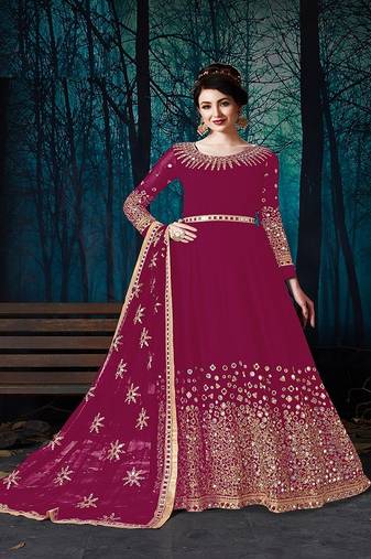 Rani pink Georgette Anarkali Salwar Suit With Real Mirror Work