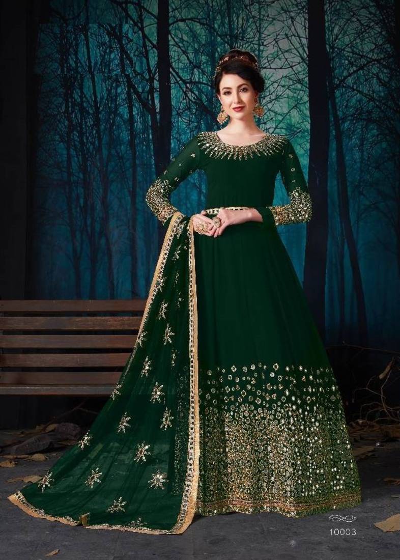 Green Designer Georgette Anarkali Salwar Suit With Real Mirror Work Semi Stitched
