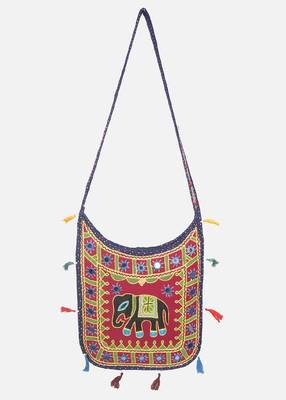 Banjara India Elephant Design Kutchi Mirrorwork Hand Embroidered Shoulder Bag (BAG-BlueMaroon) 1
