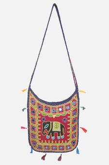 Banjara India Elephant Design Kutchi Mirrorwork Hand Embroidered Shoulder Bag (BAG-BlueMaroon)