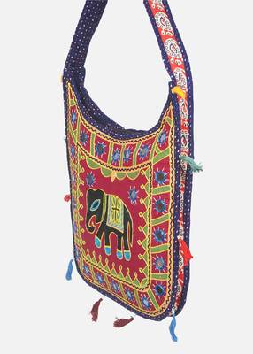 Banjara India Elephant Design Kutchi Mirrorwork Hand Embroidered Shoulder Bag (BAG-BlueMaroon) 2