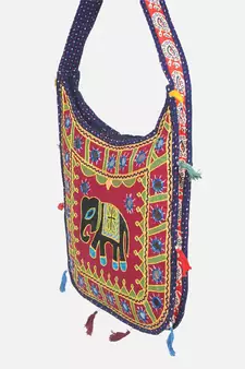 Banjara India Elephant Design Kutchi Mirrorwork Hand Embroidered Shoulder Bag (BAG-BlueMaroon)