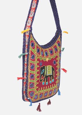 Banjara India Elephant Design Kutchi Mirrorwork Hand Embroidered Shoulder Bag (BAG-BlueMaroon) 3