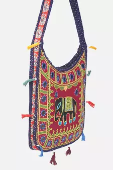 Banjara India Elephant Design Kutchi Mirrorwork Hand Embroidered Shoulder Bag (BAG-BlueMaroon)