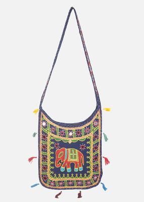 Banjara India Elephant Design Kutchi Mirrorwork Hand Embroidered Shoulder Bag (BAG-BlueBlue) 1