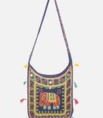 Banjara India Elephant Design Kutchi Mirrorwork Hand Embroidered Shoulder Bag (BAG-BlueBlue)