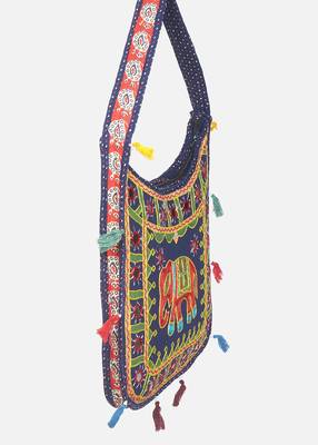 Banjara India Elephant Design Kutchi Mirrorwork Hand Embroidered Shoulder Bag (BAG-BlueBlue) 3