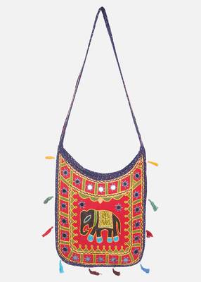 Banjara India Elephant Design Kutchi Mirrorwork Hand Embroidered Shoulder Bag (BAG-BlueRed) 1
