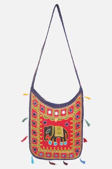 Banjara India Elephant Design Kutchi Mirrorwork Hand Embroidered Shoulder Bag (BAG-BlueRed)