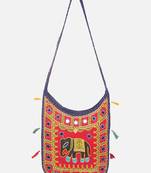 Banjara India Elephant Design Kutchi Mirrorwork Hand Embroidered Shoulder Bag (BAG-BlueRed)