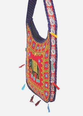 Banjara India Elephant Design Kutchi Mirrorwork Hand Embroidered Shoulder Bag (BAG-BlueRed) 2