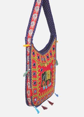 Banjara India Elephant Design Kutchi Mirrorwork Hand Embroidered Shoulder Bag (BAG-BlueRed) 3