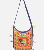 Banjara India Elephant Design Kutchi Mirrorwork Hand Embroidered Shoulder Bag (BAG-BlueOrange)