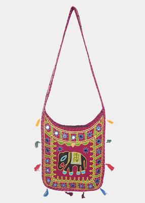 Banjara India Elephant Design Kutchi Mirrorwork Hand Embroidered Shoulder Bag (BAG-MaroonMaroon) 1