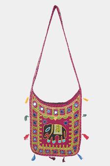 Banjara India Elephant Design Kutchi Mirrorwork Hand Embroidered Shoulder Bag (BAG-MaroonMaroon)