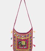 Banjara India Elephant Design Kutchi Mirrorwork Hand Embroidered Shoulder Bag (BAG-MaroonMaroon)