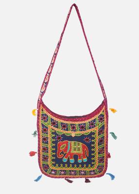 Banjara India Elephant Design Kutchi Mirrorwork Hand Embroidered Shoulder Bag (BAG-MaroonBlue) 1