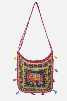 Banjara India Elephant Design Kutchi Mirrorwork Hand Embroidered Shoulder Bag (BAG-MaroonBlue)