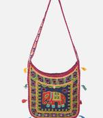 Banjara India Elephant Design Kutchi Mirrorwork Hand Embroidered Shoulder Bag (BAG-MaroonBlue)