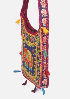 Banjara India Elephant Design Kutchi Mirrorwork Hand Embroidered Shoulder Bag (BAG-MaroonBlue) 2