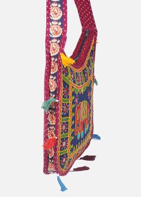 Banjara India Elephant Design Kutchi Mirrorwork Hand Embroidered Shoulder Bag (BAG-MaroonBlue) 3