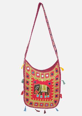Banjara India Elephant Design Kutchi Mirrorwork Hand Embroidered Shoulder Bag (BAG-MaroonRed) 1