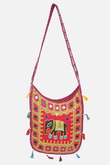 Banjara India Elephant Design Kutchi Mirrorwork Hand Embroidered Shoulder Bag (BAG-MaroonRed)