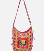 Banjara India Elephant Design Kutchi Mirrorwork Hand Embroidered Shoulder Bag (BAG-MaroonRed)