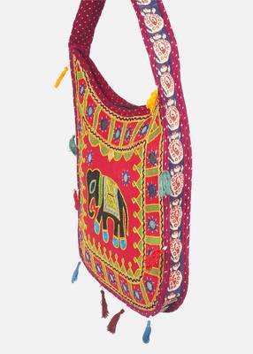 Banjara India Elephant Design Kutchi Mirrorwork Hand Embroidered Shoulder Bag (BAG-MaroonRed) 2
