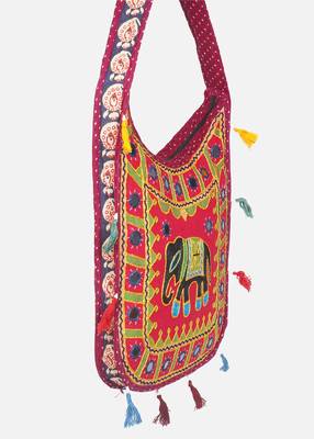 Banjara India Elephant Design Kutchi Mirrorwork Hand Embroidered Shoulder Bag (BAG-MaroonRed) 3