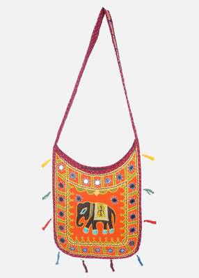 Banjara India Elephant Design Kutchi Mirrorwork Hand Embroidered Shoulder Bag (BAG-MaroonOrange) 1