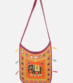 Banjara India Elephant Design Kutchi Mirrorwork Hand Embroidered Shoulder Bag (BAG-MaroonOrange)