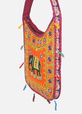 Banjara India Elephant Design Kutchi Mirrorwork Hand Embroidered Shoulder Bag (BAG-MaroonOrange) 2
