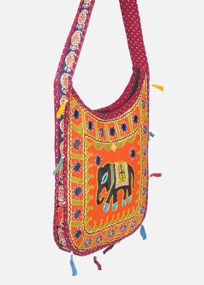 Banjara India Elephant Design Kutchi Mirrorwork Hand Embroidered Shoulder Bag (BAG-MaroonOrange) 3