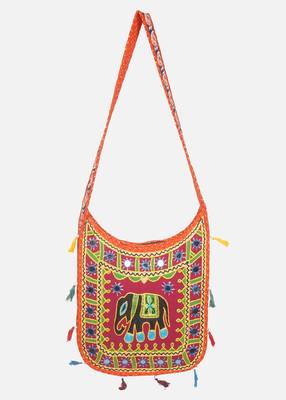 Banjara India Elephant Design Kutchi Mirrorwork Hand Embroidered Shoulder Bag (BAG-OrangeMaroon) 1
