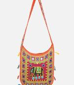 Banjara India Elephant Design Kutchi Mirrorwork Hand Embroidered Shoulder Bag (BAG-OrangeMaroon)