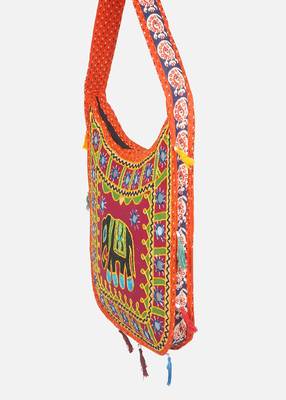 Banjara India Elephant Design Kutchi Mirrorwork Hand Embroidered Shoulder Bag (BAG-OrangeMaroon) 2
