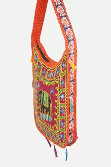 Banjara India Elephant Design Kutchi Mirrorwork Hand Embroidered Shoulder Bag (BAG-OrangeMaroon)
