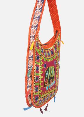 Banjara India Elephant Design Kutchi Mirrorwork Hand Embroidered Shoulder Bag (BAG-OrangeMaroon) 3