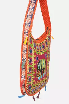Banjara India Elephant Design Kutchi Mirrorwork Hand Embroidered Shoulder Bag (BAG-OrangeMaroon)