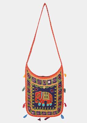 Banjara India Elephant Design Kutchi Mirrorwork Hand Embroidered Shoulder Bag (BAG-OrangeBlue) 1