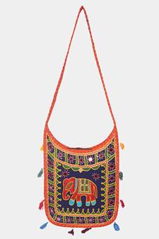 Banjara India Elephant Design Kutchi Mirrorwork Hand Embroidered Shoulder Bag (BAG-OrangeBlue)