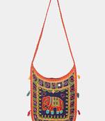 Banjara India Elephant Design Kutchi Mirrorwork Hand Embroidered Shoulder Bag (BAG-OrangeBlue)