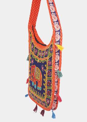 Banjara India Elephant Design Kutchi Mirrorwork Hand Embroidered Shoulder Bag (BAG-OrangeBlue) 2