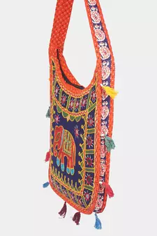 Banjara India Elephant Design Kutchi Mirrorwork Hand Embroidered Shoulder Bag (BAG-OrangeBlue)